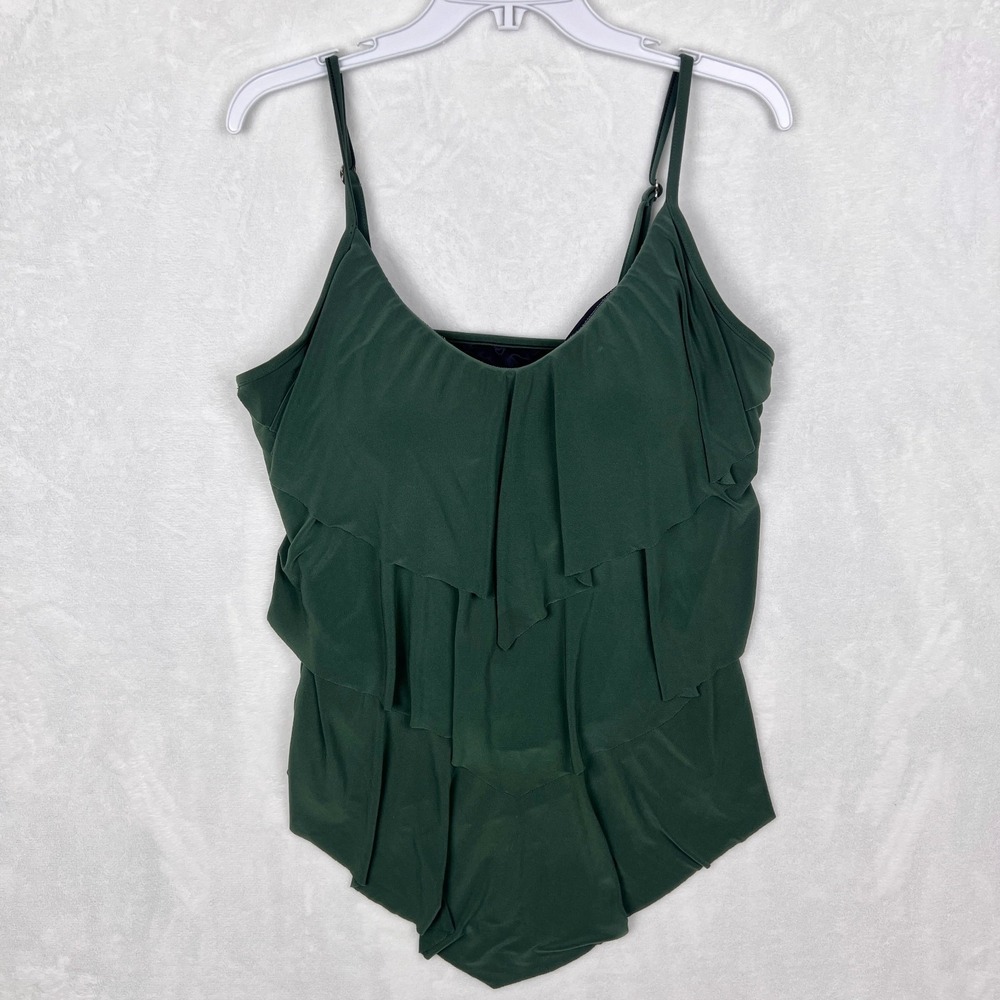 Magicsuit Rita Tankini Top Womens US 16 Green Swim Bathing Suit V Neck Ruffle